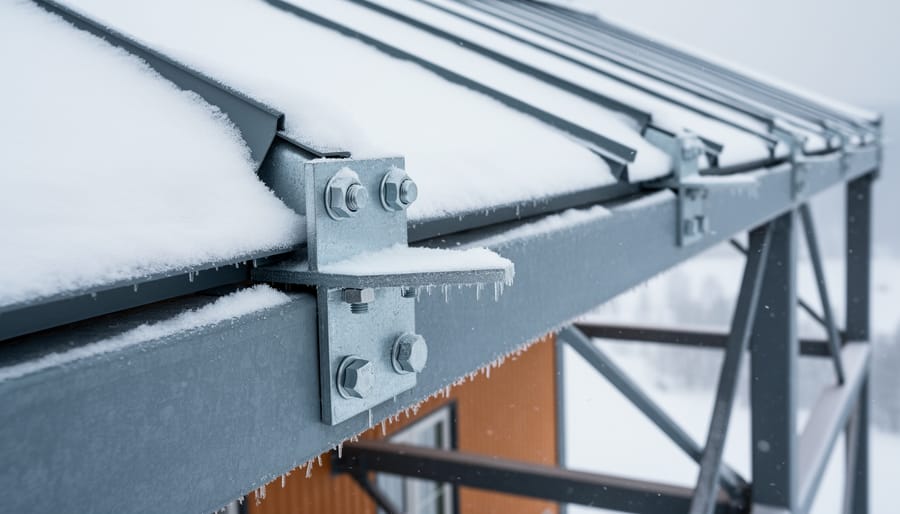 Close view of anchoring hardware securing a portable garage frame to the ground