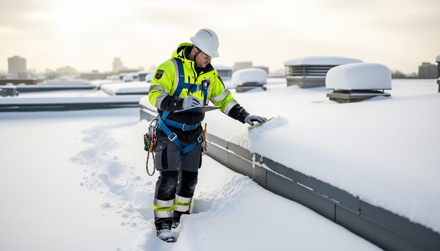 Person inspecting a portable garage roof and frame after a snowfall for signs of stress