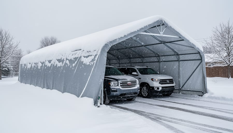 Heavy-duty portable garage roof and frame during heavy snowfall with snow accumulating on top
