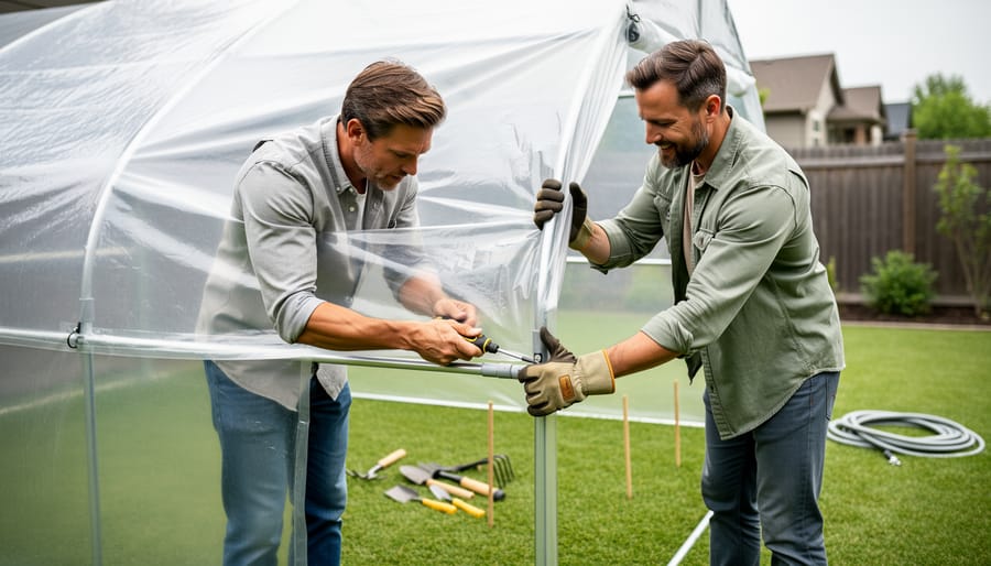 “Two people assembling a portable greenhouse frame and stretching a clear plastic cover in a backyard”