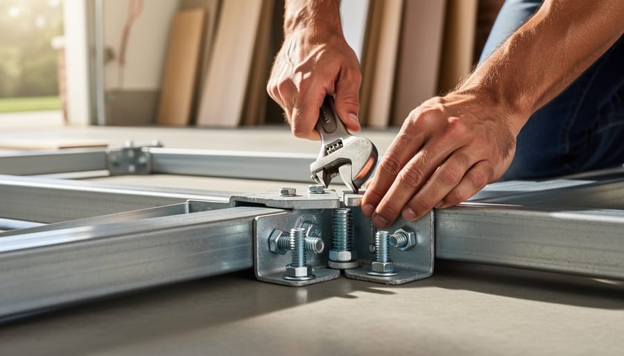 Gloved hands assembling a portable greenhouse base frame with metal connectors on a level surface.