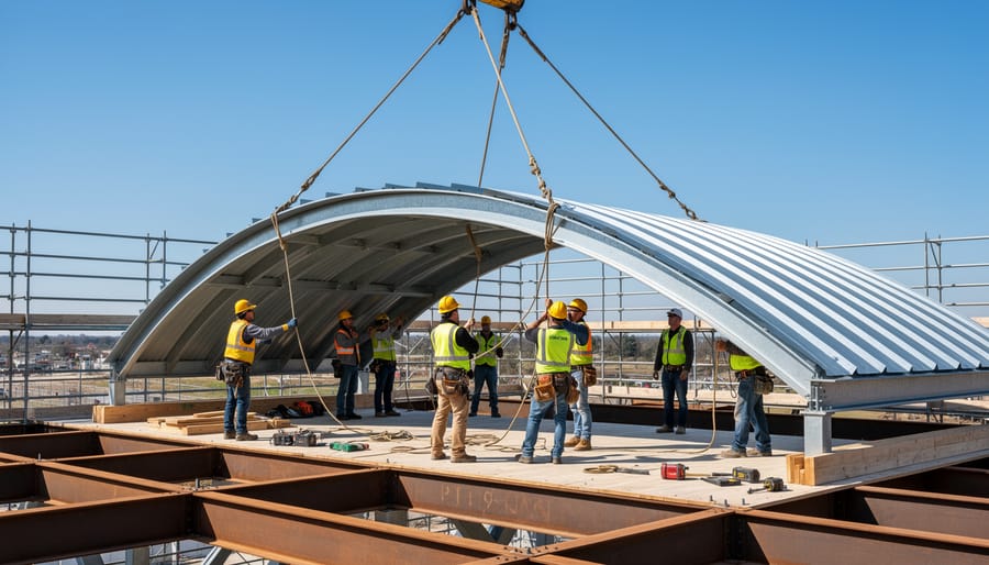 Two people lifting and aligning the roof arches of a portable greenhouse in a backyard.