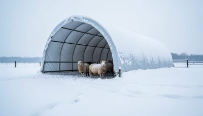 Portable livestock shelter in a snowy pasture with sheep or goats near the entrance, showing the roof covered by heavy snow.