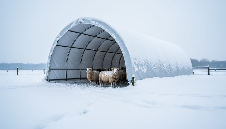 Portable livestock shelter in a snowy pasture with sheep or goats near the entrance, showing the roof covered by heavy snow.