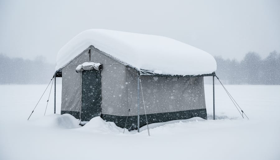 Portable livestock shelter with heavy snow accumulation in a winter field
