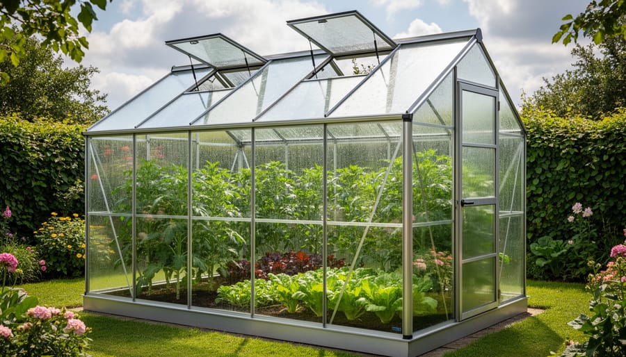 Seedlings and leafy greens thriving inside a greenhouse with soft morning light through panels.
