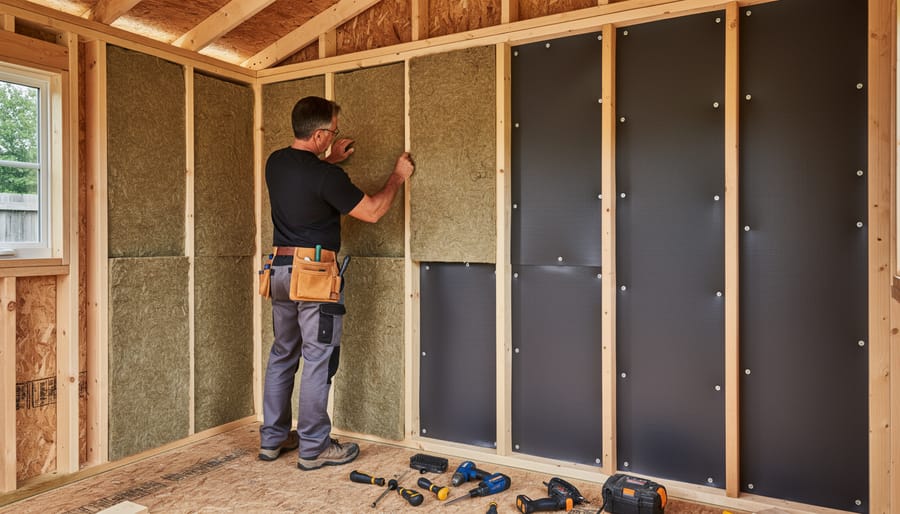 Close-up of soundproofing installation materials being fitted into a shed wall stud bay