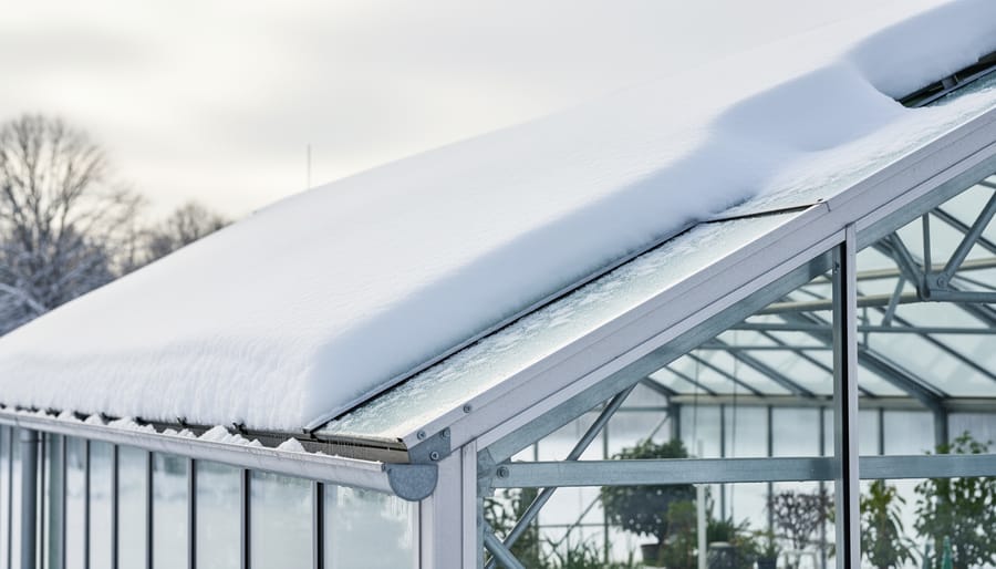 Residential greenhouse with its roof covered in fresh snow