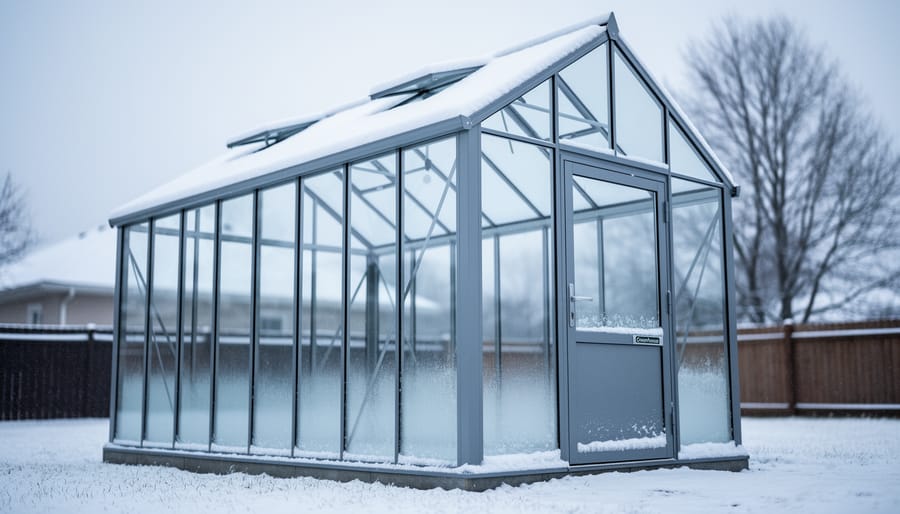 Snow-covered greenhouse with a metal frame in a winter backyard under overcast daylight.
