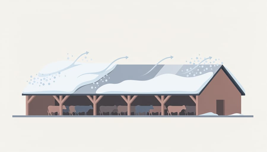 Snow sliding off a metal roof surface of a portable livestock shelter