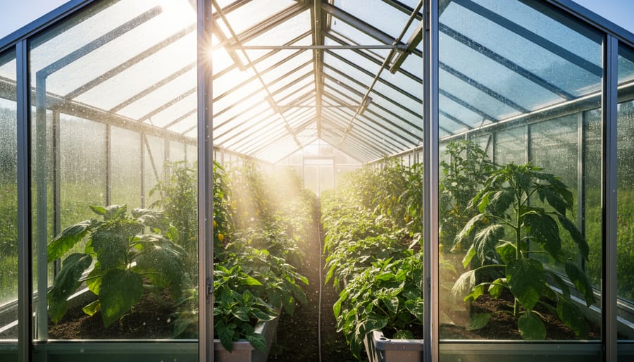 Sunlight filtering through glass greenhouse panels onto potted seedlings inside the greenhouse.