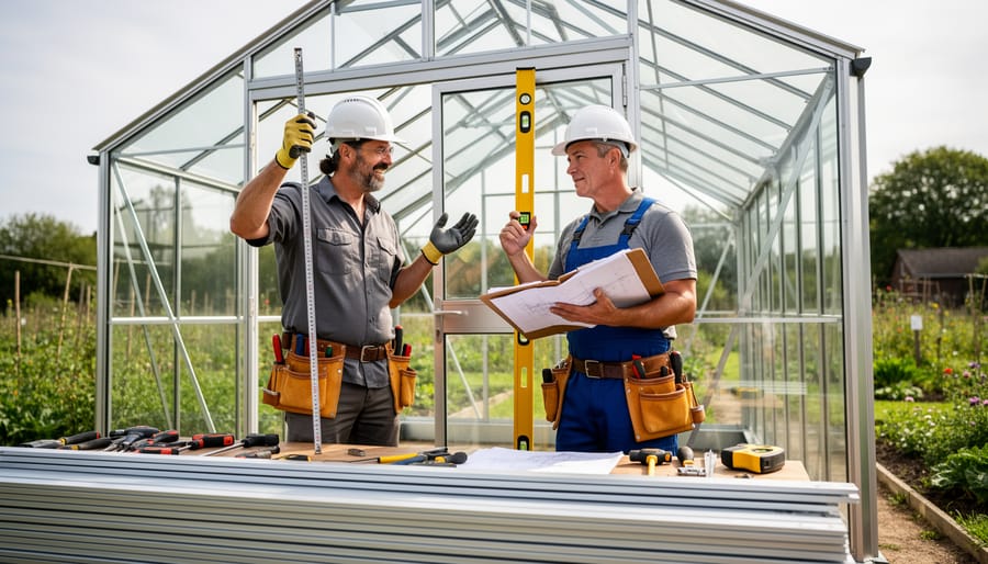 Two people assembling a greenhouse base frame outdoors with tools and metal wall sections on level ground.