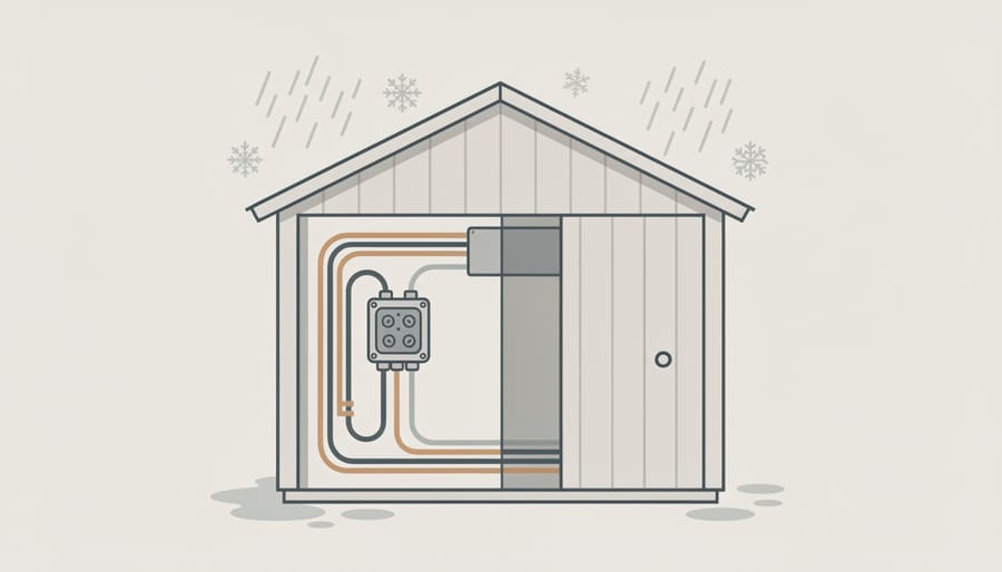 Weather-resistant wiring and mounted amplifier inside a shed man cave audio setup