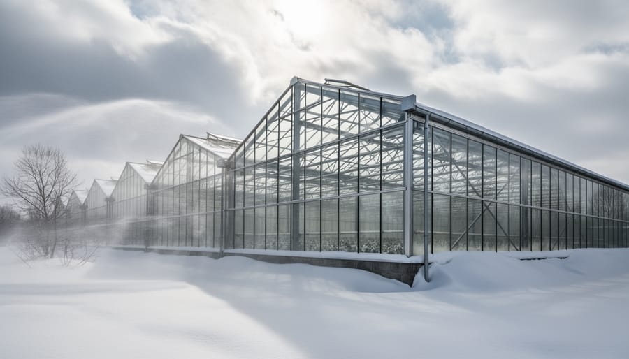 Greenhouse outdoors during a windy winter storm with snow blowing near the frame