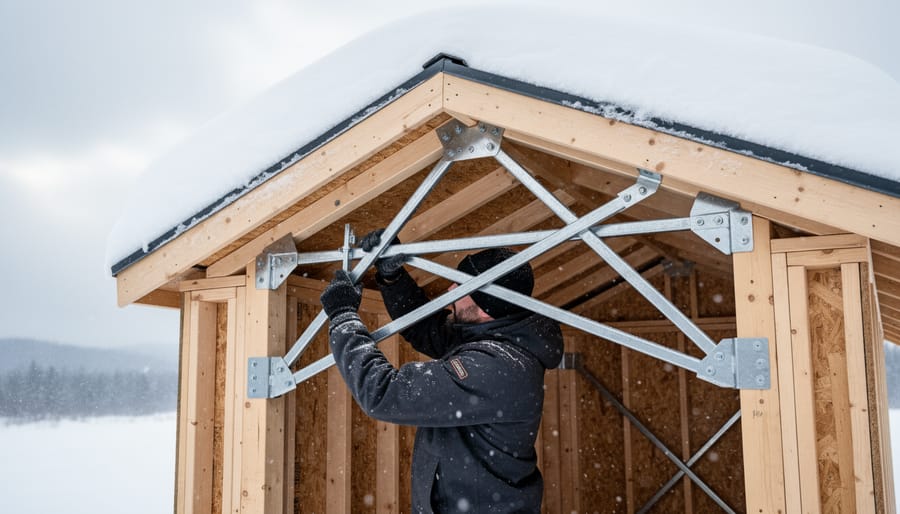 Worker tightening bolts on roof bracing of a portable livestock shelter in winter