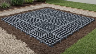 Interlocking foundation grid panels for a 10x12 metal shed laid on prepared, level backyard ground, ready for shed placement.