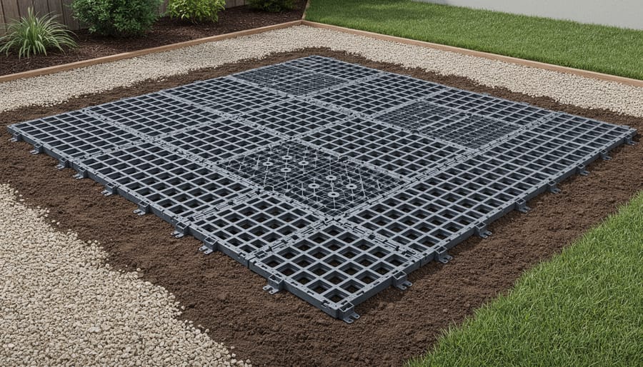 Interlocking foundation grid panels for a 10x12 metal shed laid on prepared, level backyard ground, ready for shed placement.