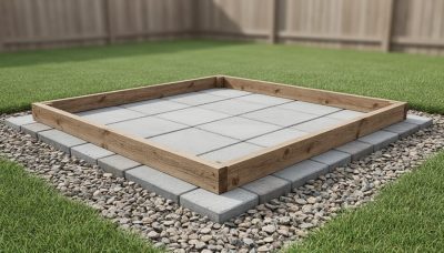 Concrete pavers on compacted gravel supporting a level 4x4 shed foundation with a wooden frame in a backyard setting.