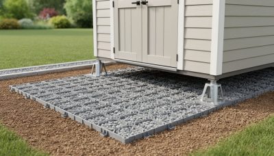Backyard view of a 7x7 shed foundation kit with interlocking grid panels filled with gravel and adjustable support feet under a small shed.