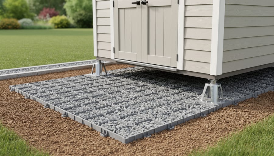 Backyard view of a 7x7 shed foundation kit with interlocking grid panels filled with gravel and adjustable support feet under a small shed.