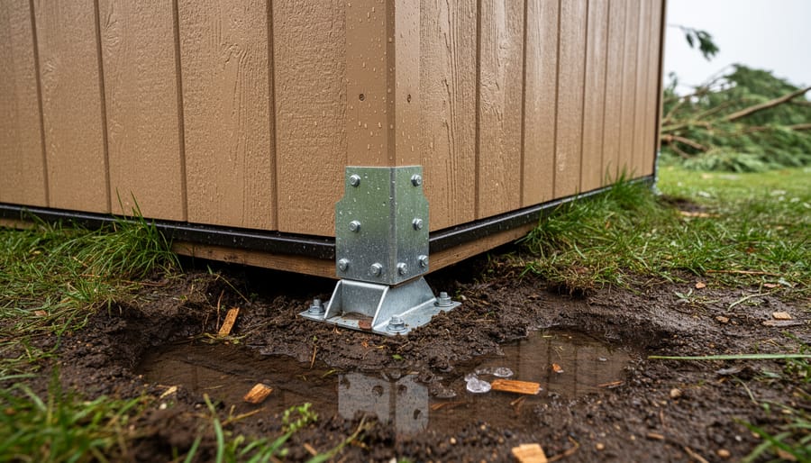 Metal shed corner anchored to the ground with hardware visible after wind disturbance in a backyard.