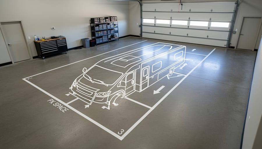 Chalk outline marking an RV garage footprint next to a travel trailer on a concrete driveway.