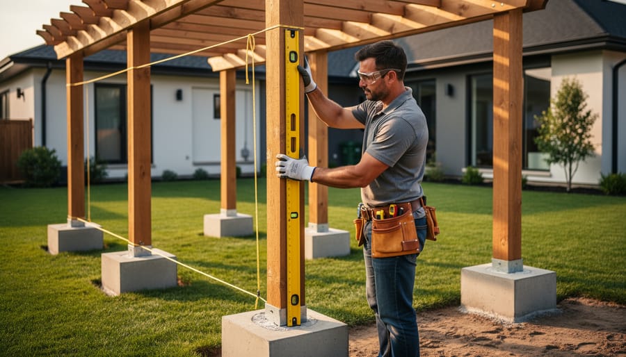 Gloved hands using a level to check a vertical post or anchor bracket in wet concrete