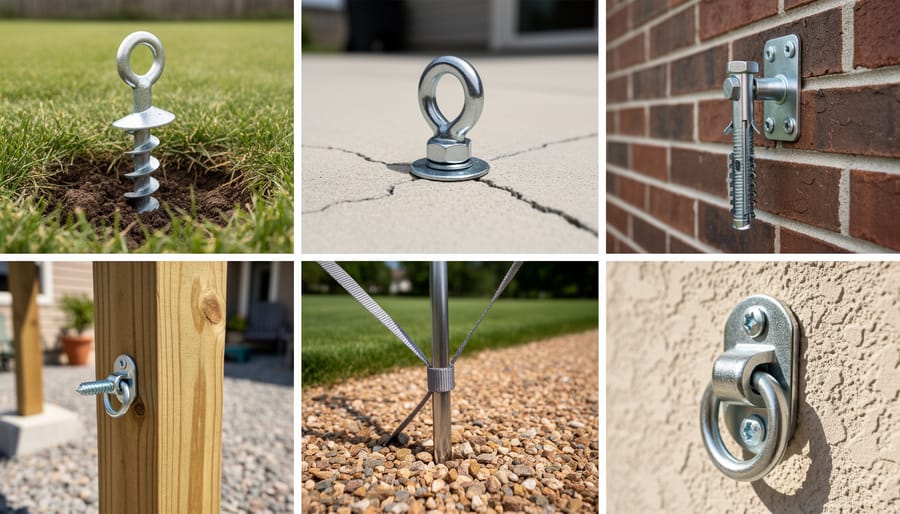Close-up of metal shed anchoring hardware options including auger-style earth anchor and concrete anchors on yard surfaces.
