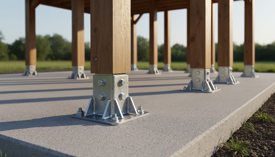 Pergola or gazebo posts anchored in concrete footings with surrounding landscape in view
