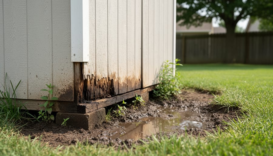 Damp soil and moisture staining near a shed base on the ground