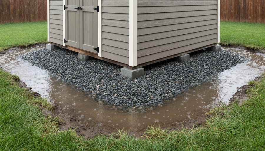 Rain-soaked gravel and drainage-focused shed foundation perimeter
