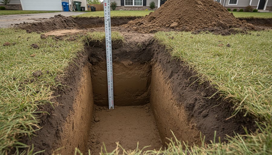 Open excavation hole for a pergola footing showing the gravel base at the bottom