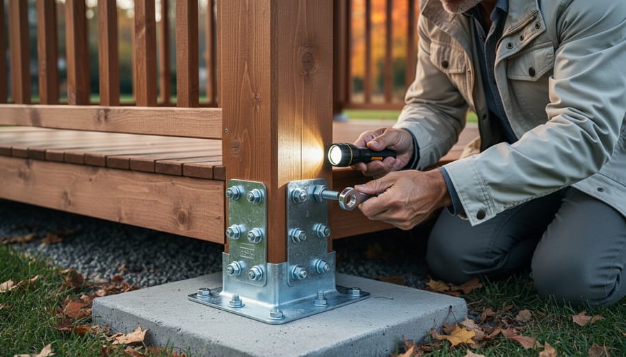 Homeowner inspecting and tightening hardware at the base of a gazebo near anchor points on a patio.