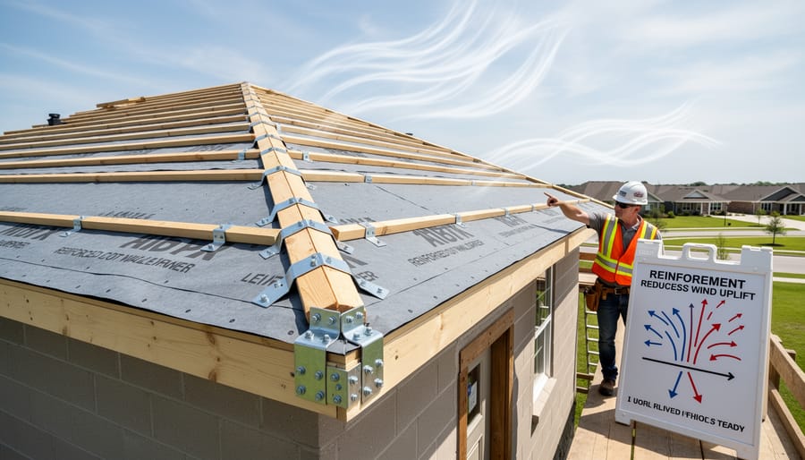 Low-angle view of a gazebo roof corner showing installed braces and tie-down reinforcement.