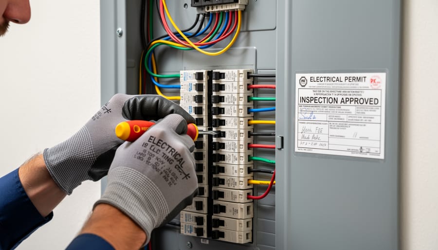 Electrician or inspector reviewing an electrical panel inside a partially finished tiny home