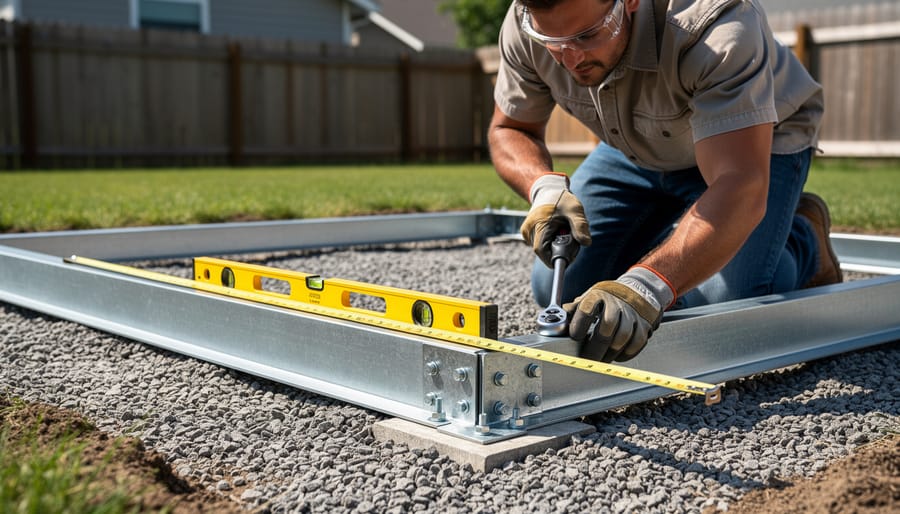 Metal foundation kit rails and fasteners being installed on a prepared gravel base with tools nearby.