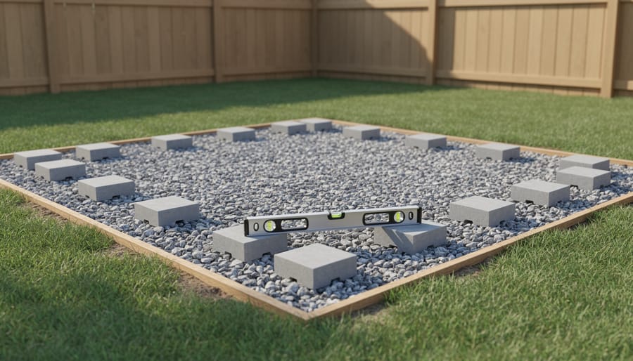 Gravel pad and concrete deck blocks prepared for a small backyard shed foundation