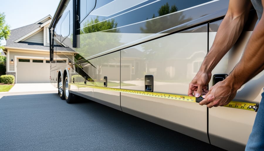 Measuring tape placed along the side of a Class C motorhome to measure its dimensions for an RV garage.