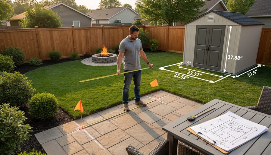 Hands using a tape measure on a patio near a fire pit with planning notes on a table