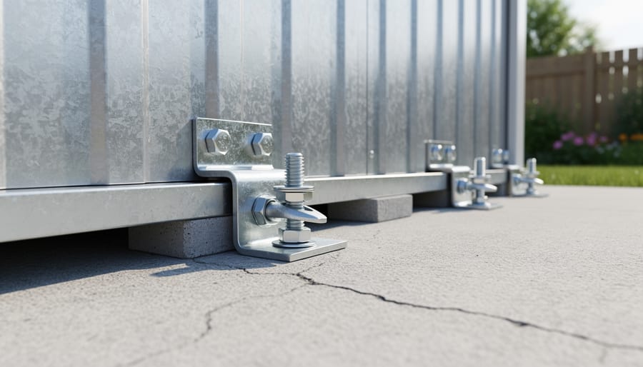 Homeowner securing anchor brackets and bolts at the base of a galvanized metal shed in a backyard.