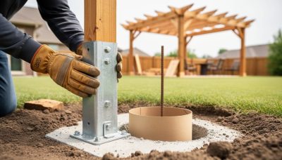 Close view of a wooden pergola post anchor and cardboard tube concrete footing form set in a deep dug hole in a yard.