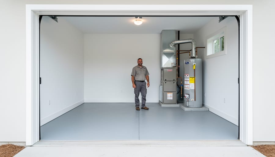 Inside view of a portable RV garage showing clearance space around a fifth-wheel with the garage door partially open.
