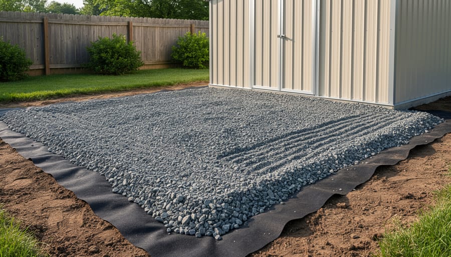 Prepared foundation area with compacted gravel and landscape fabric in a cleared yard spot for a 10x12 shed.