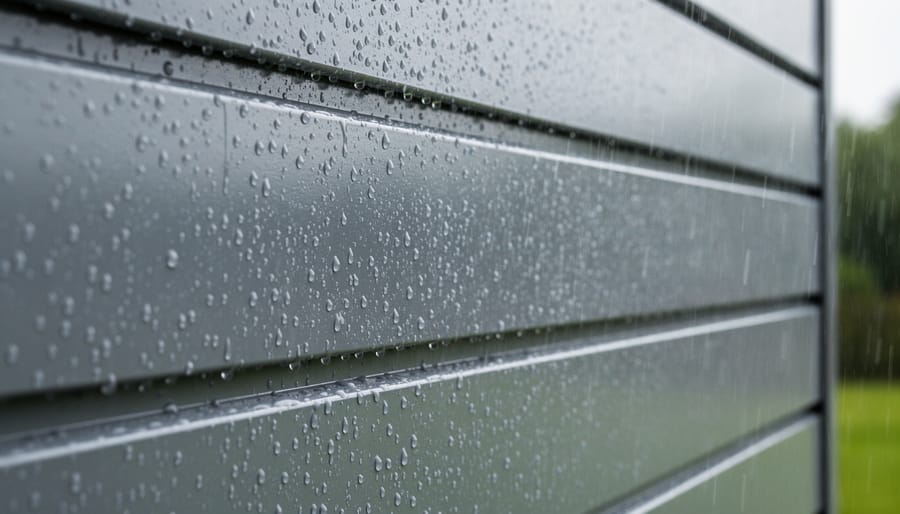 Raindrops beading on a resin storage shed panel in a rainy backyard