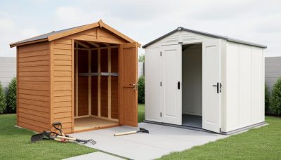 Backyard view showing a wood storage shed with visible structural framing and shelving hardware next to a smooth-panel resin shed under bright natural light.