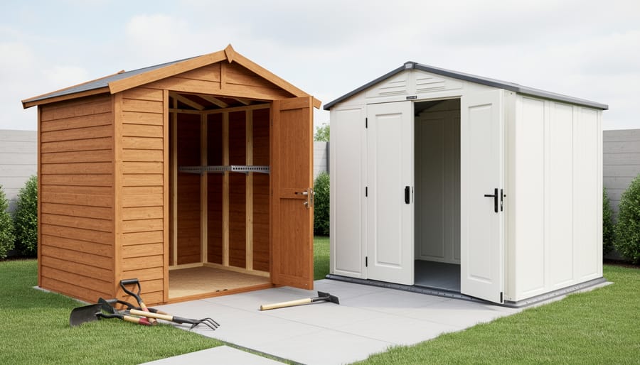Backyard view showing a wood storage shed with visible structural framing and shelving hardware next to a smooth-panel resin shed under bright natural light.