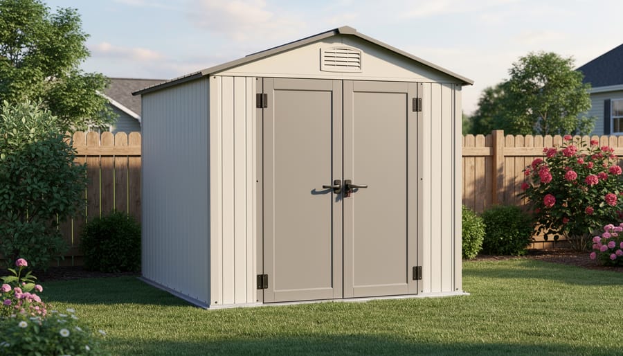 A resin storage shed installed in a residential backyard with the door and panel texture visible