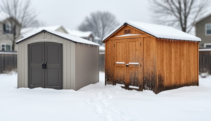 Resin and wood storage sheds in a snowy yard with visible roof and wall materials.