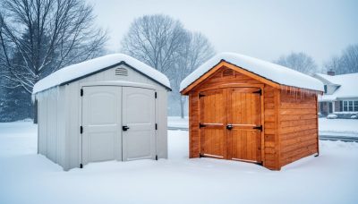 Resin and wood storage sheds side by side in a snow-covered yard during a winter storm, showing winter roof and wall conditions.