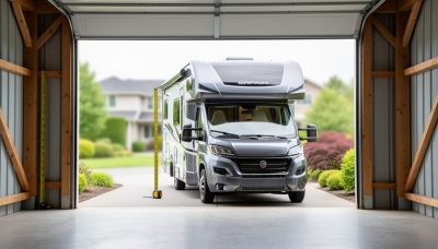 “Measuring tape and an RV positioned inside an open garage to illustrate planning the right RV garage size and clearances.”